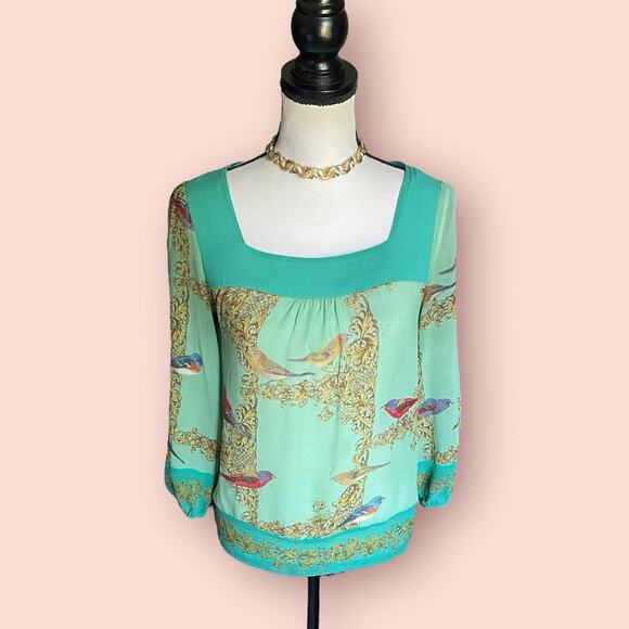 Vanessa Virginia Silk ANTHROPOLOGIE Green Blouse Top Bird Baroque Womens S 4 - Picture 3 of 9